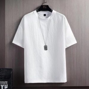 Men's Short Sleeve T-shirt Summer Half Sleeve Ice Silk Cotton Linen Top Linen Solid Color Undershirt White Menswear